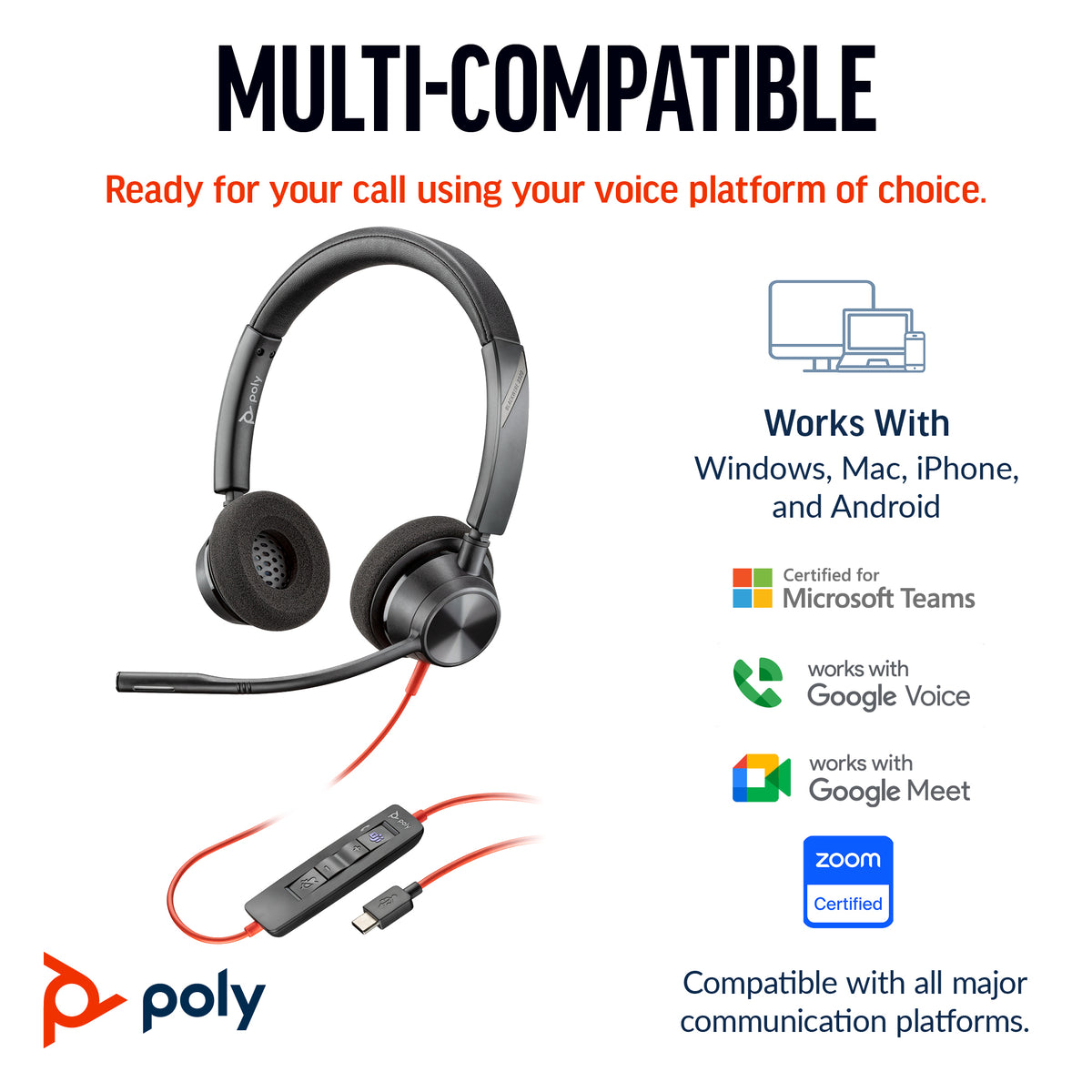 HP Inc. Poly Blackwire 3320 Stereo USB-C Headset +USB-C/A Adapter