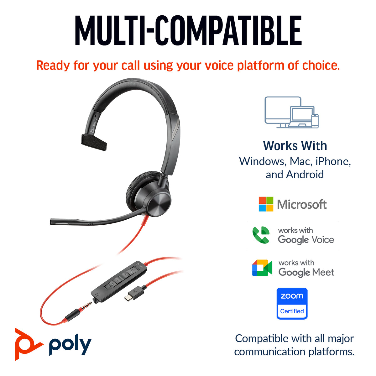 HP Inc. Poly Blackwire 3315 Monaural Microsoft Teams Certified USB-C Headset +3.5mm Plug +USB-C/A Adapter