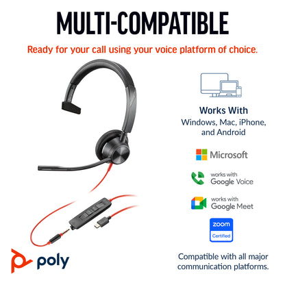 HP Inc. Poly Blackwire 3315 Monaural Microsoft Teams Certified USB-C Headset +3.5mm Plug +USB-C/A Adapter