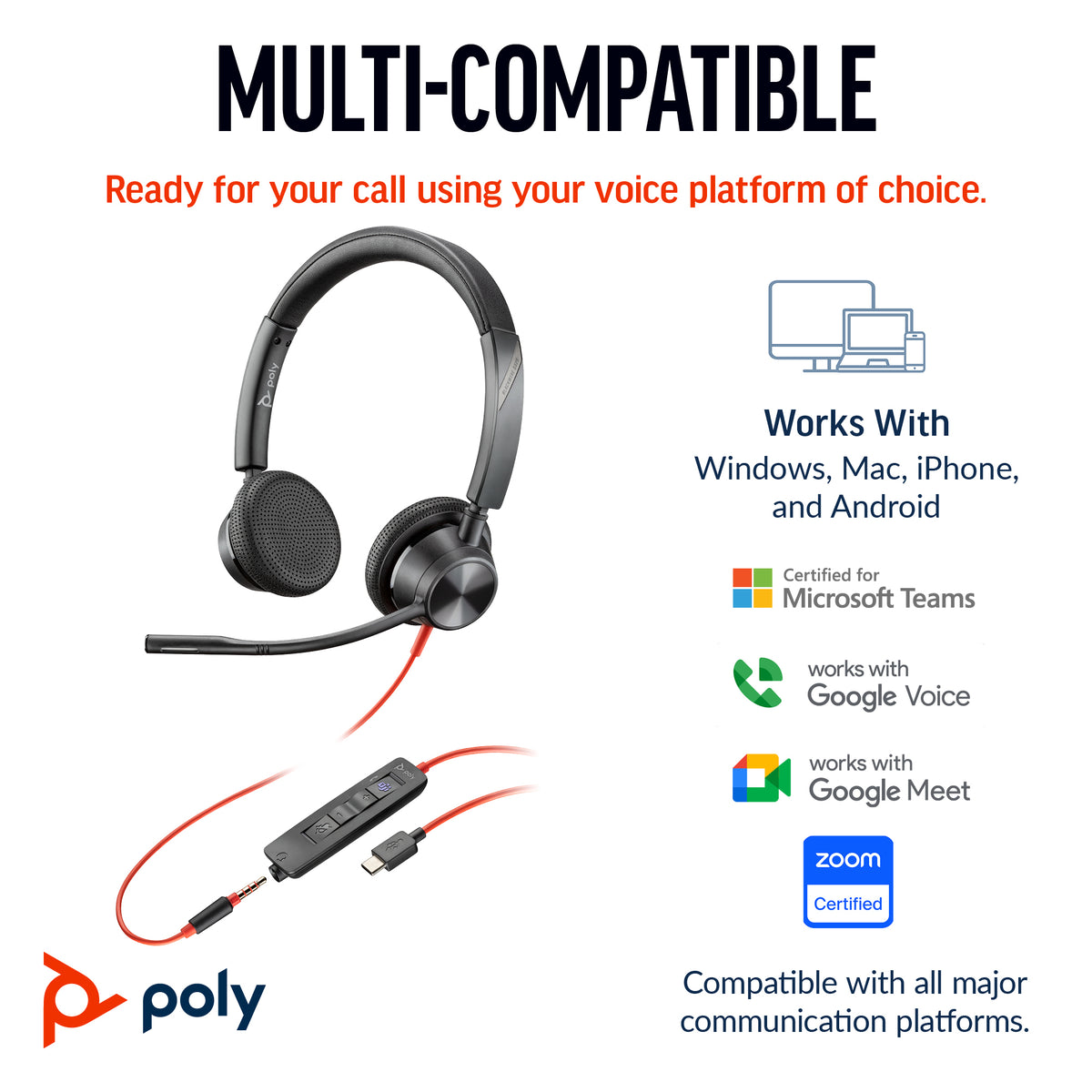 HP Inc. Poly Blackwire 3325 Stereo Microsoft Teams Certified USB-C Headset +3.5mm Plug +USB-C/A Adapter