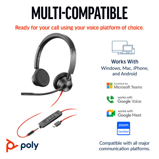 HP Inc. Poly Blackwire 3325 Stereo Microsoft Teams Certified USB-C Headset +3.5mm Plug +USB-C/A Adapter