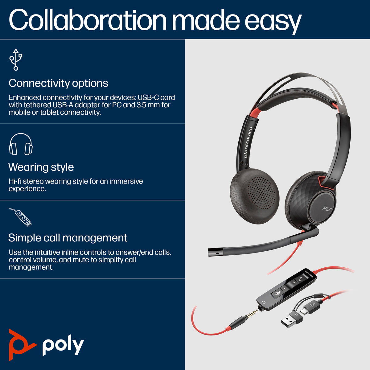 HP Inc. Poly Blackwire 5220 Stereo USB-C Headset +3.5mm Plug +USB-C/A Adapter