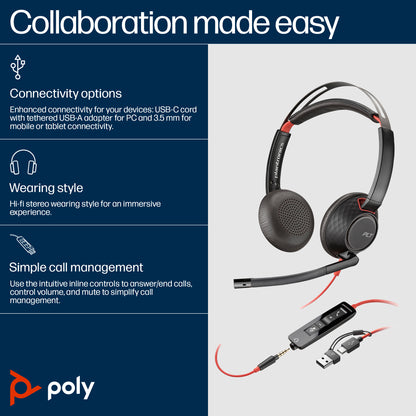 HP Inc. Poly Blackwire 5220 Stereo USB-C Headset +3.5mm Plug +USB-C/A Adapter