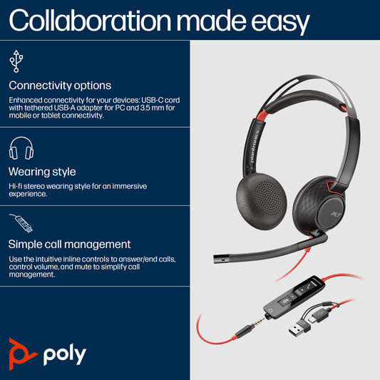 HP Inc. Poly Blackwire 5220 Stereo USB-C Headset +3.5mm Plug +USB-C/A Adapter