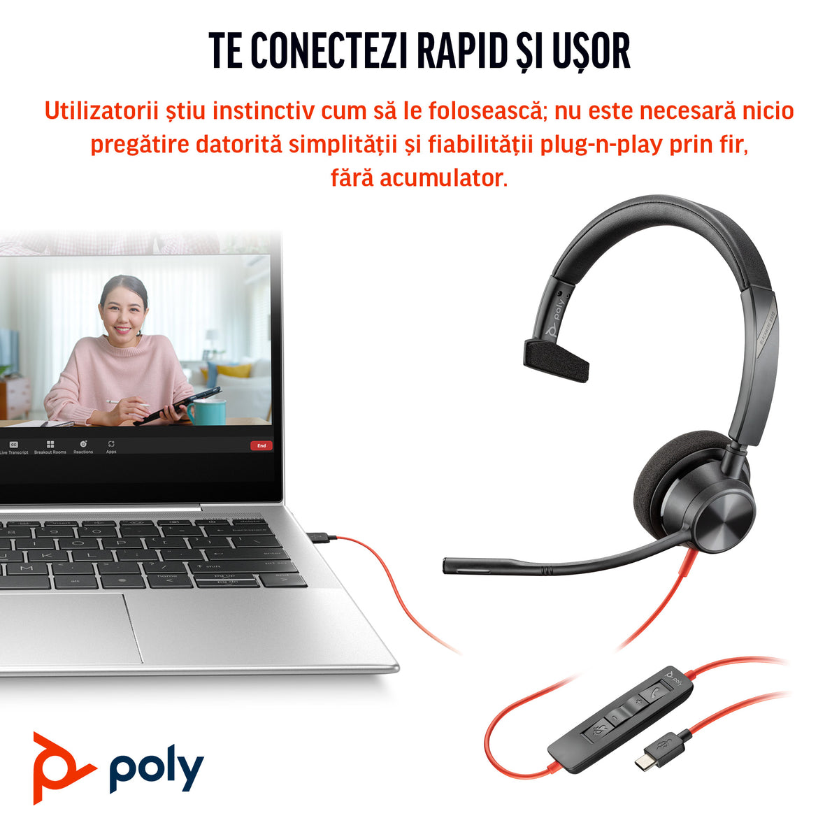 HP Inc. Poly Blackwire 3310 Monaural Microsoft Teams Certified USB-C Headset +USB-C/A Adapter