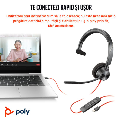 HP Inc. Poly Blackwire 3310 Monaural Microsoft Teams Certified USB-C Headset +USB-C/A Adapter