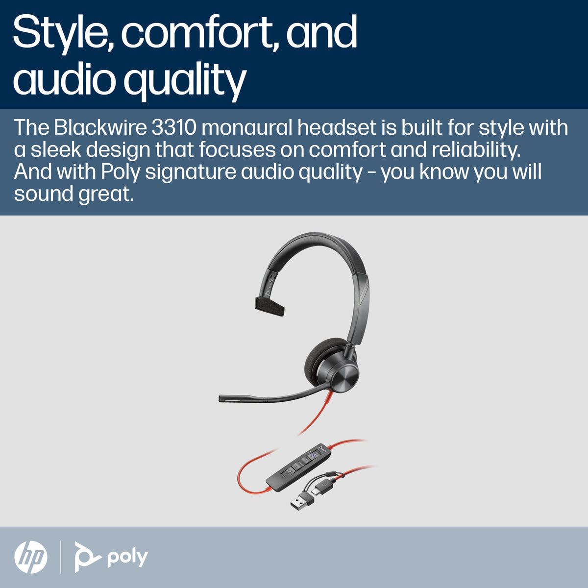 HP Inc. Poly Blackwire 3310 Monaural Microsoft Teams Certified USB-C Headset +USB-C/A Adapter