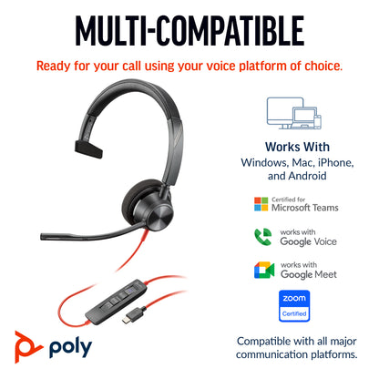 HP Inc. Poly Blackwire 3310 Monaural USB-C Headset +USB-C/A Adapter