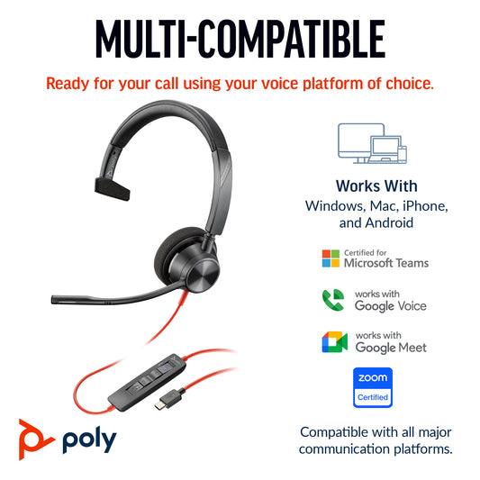 HP Inc. Poly Blackwire 3310 Monaural USB-C Headset +USB-C/A Adapter