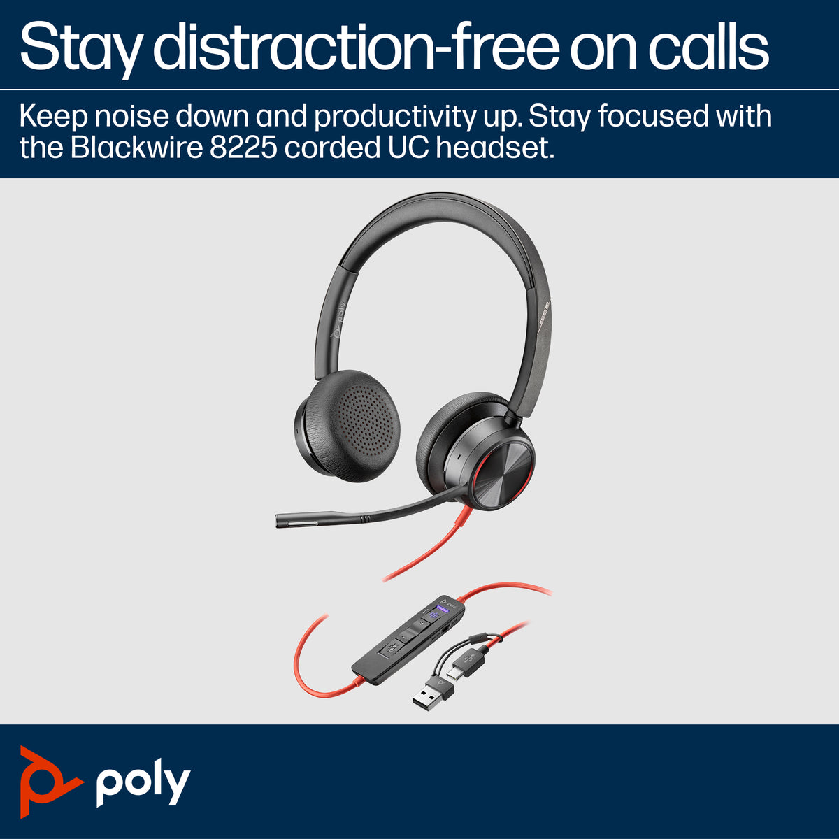 HP Inc. Poly Blackwire 8225 Stereo Microsoft Teams Certified USB-C Headset +USB-C/A Adapter