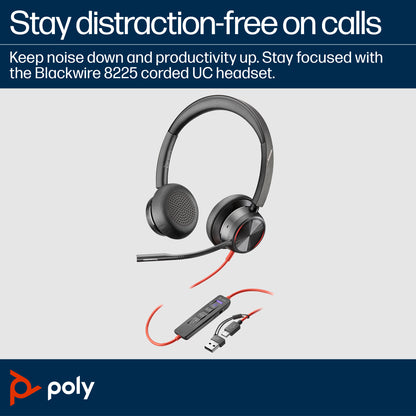 HP Inc. Poly Blackwire 8225 Stereo Microsoft Teams Certified USB-C Headset +USB-C/A Adapter