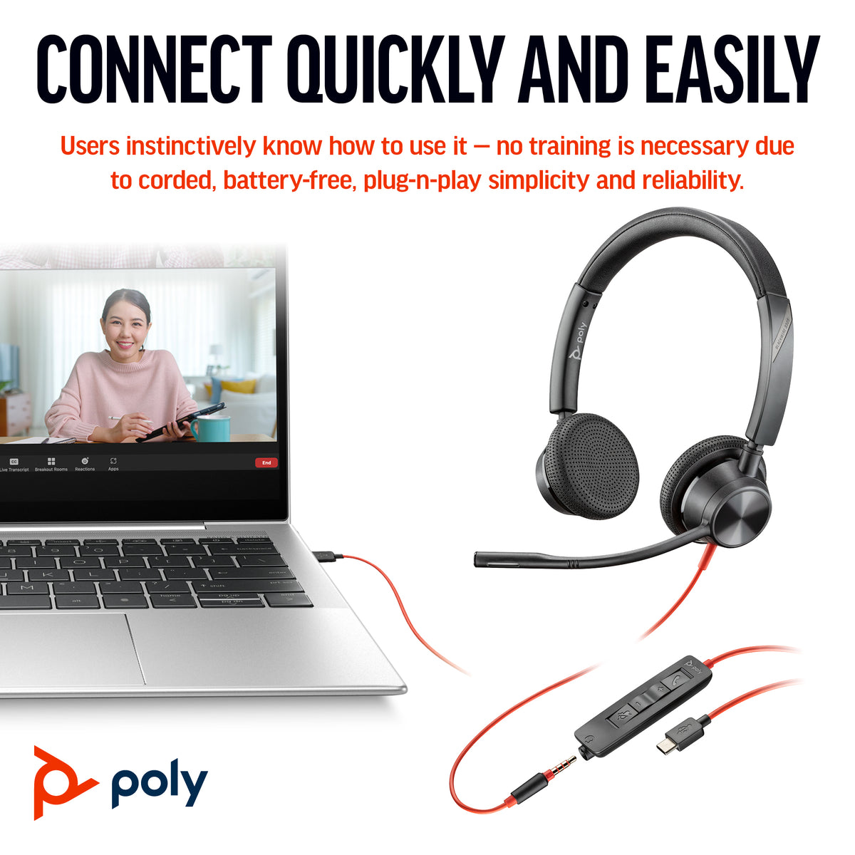HP Inc. Poly Blackwire 3325 Stereo Microsoft Teams Certified USB-C Headset +3.5mm Plug +USB-C/A Adapter