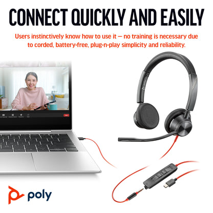HP Inc. Poly Blackwire 3325 Stereo Microsoft Teams Certified USB-C Headset +3.5mm Plug +USB-C/A Adapter
