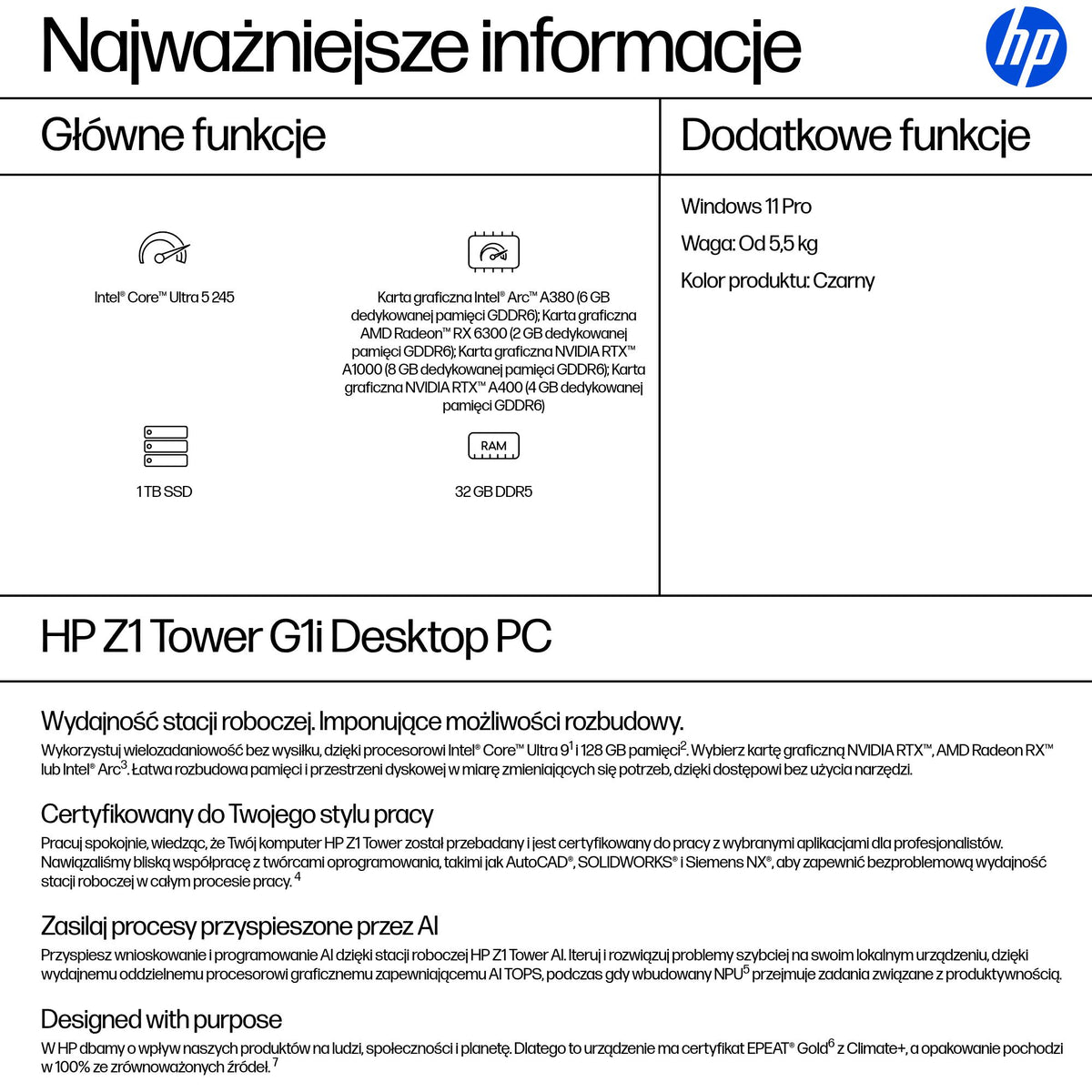 HP Inc. HP Z1 Tower G1i Ultra 5 245 1TB 32GB 2X16GB W11P 3/3/3