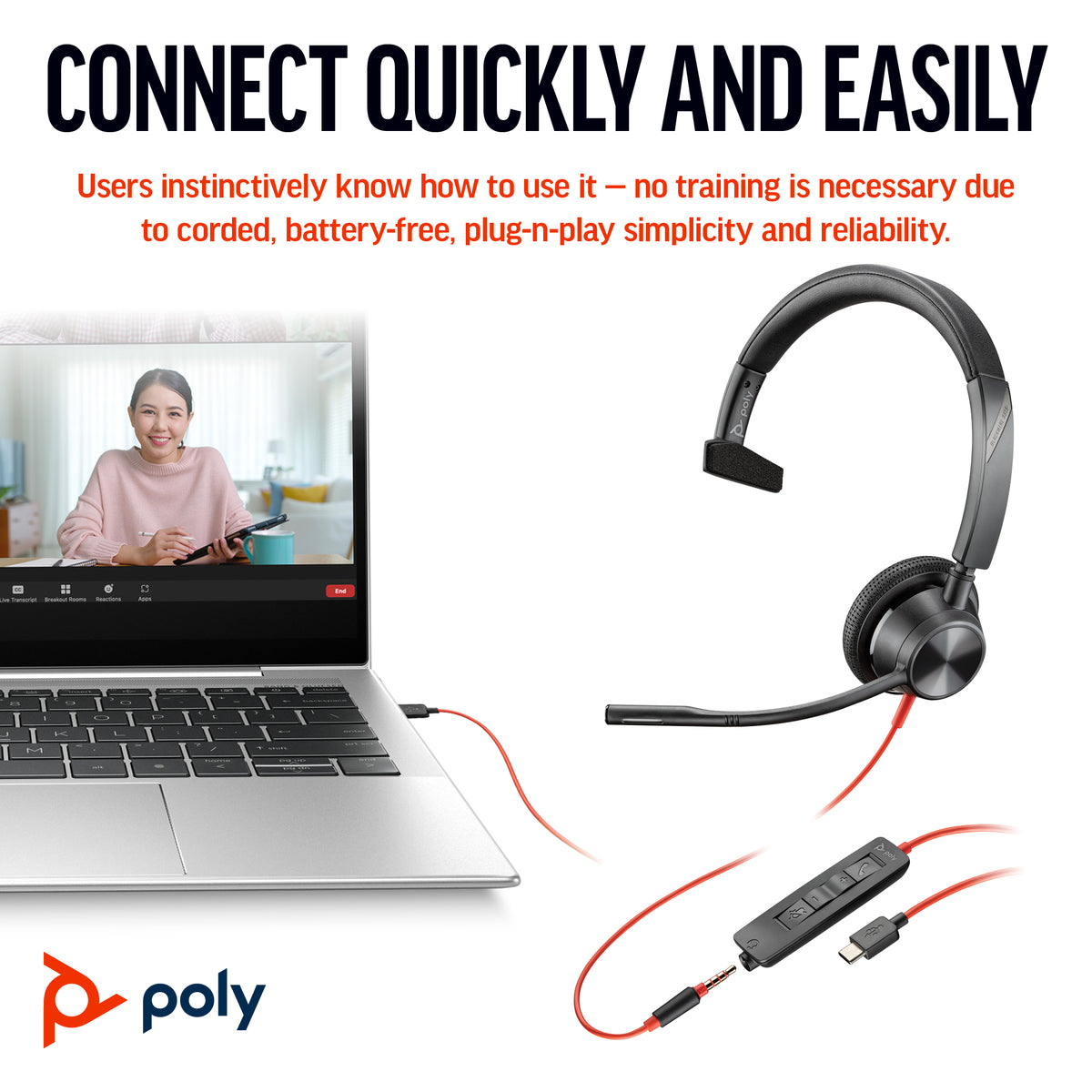 HP Inc. Poly Blackwire 3315 Monaural Microsoft Teams Certified USB-C Headset +3.5mm Plug +USB-C/A Adapter