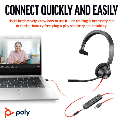 HP Inc. Poly Blackwire 3315 Monaural Microsoft Teams Certified USB-C Headset +3.5mm Plug +USB-C/A Adapter