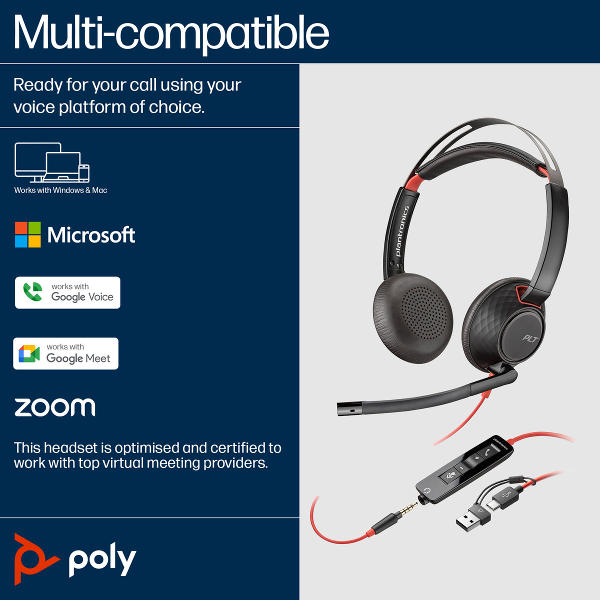 HP Inc. Poly Blackwire 5220 Stereo USB-C Headset +3.5mm Plug +USB-C/A Adapter