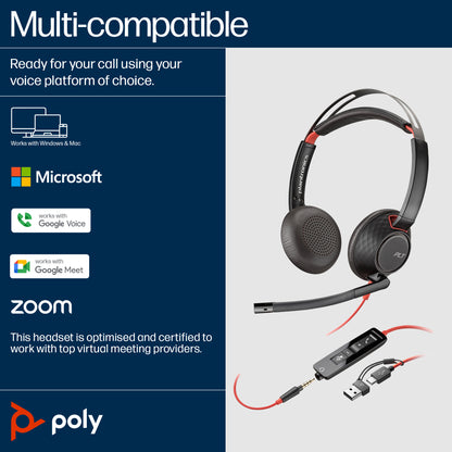HP Inc. Poly Blackwire 5220 Stereo USB-C Headset +3.5mm Plug +USB-C/A Adapter