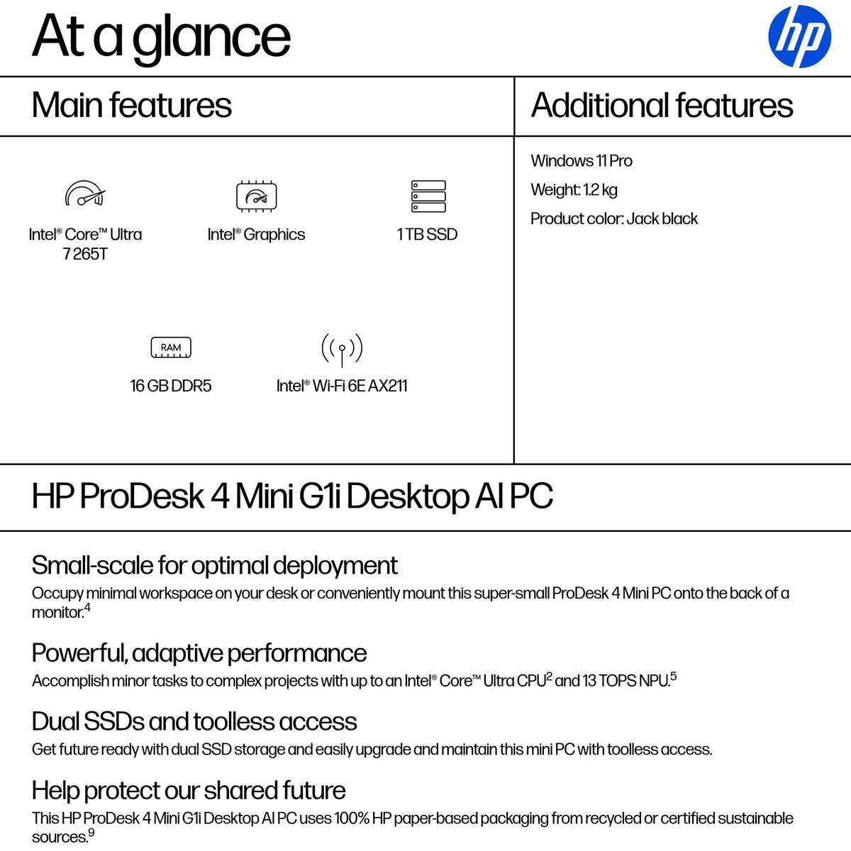 HP Inc. HP ProDesk 4 Mini G1i U7 265T 16GB 1TB Win11P 3/3/3