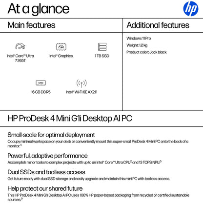 HP Inc. HP ProDesk 4 Mini G1i U7 265T 16GB 1TB Win11P 3/3/3