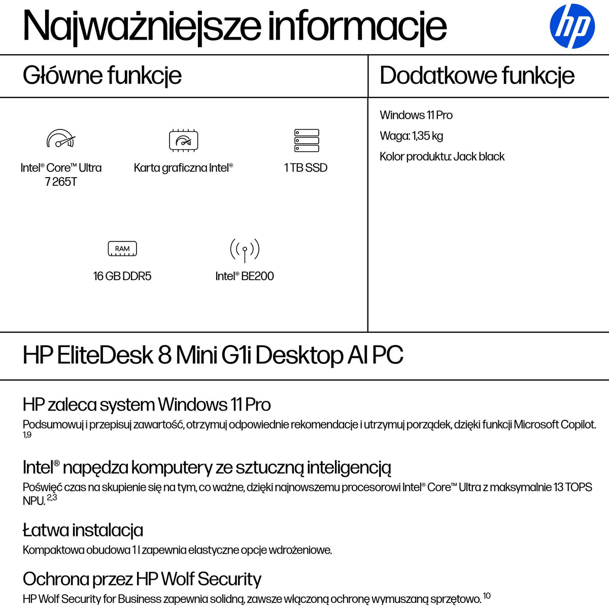 HP Inc. HP EliteDesk 8 Mini G1i U7 265T 16GB 1TB Win11P 3/3/3