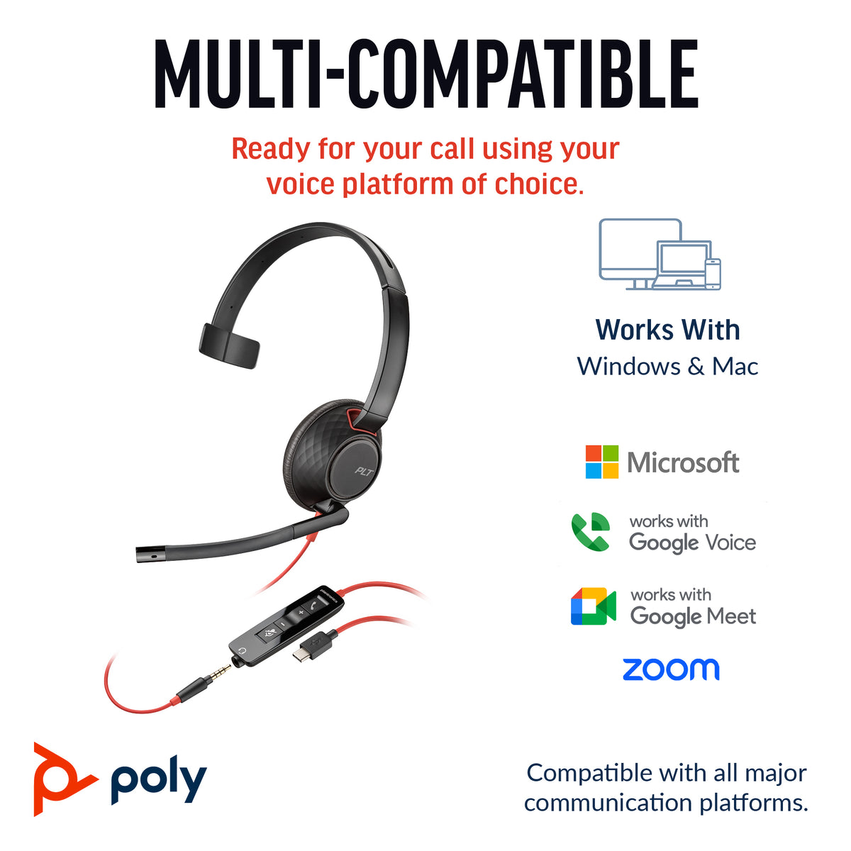HP Inc. Poly Blackwire 5210 Monaural USB-C Headset +3.5mm Plug +USB-C/A Adapter (Bulk)