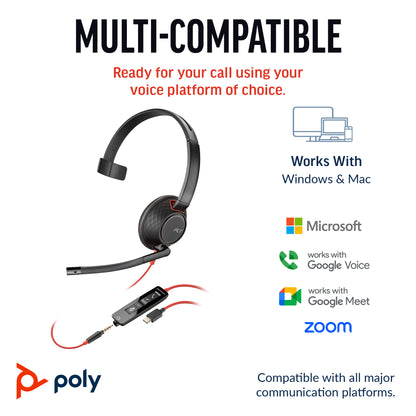 HP Inc. Poly Blackwire 5210 Monaural USB-C Headset +3.5mm Plug +USB-C/A Adapter (Bulk)