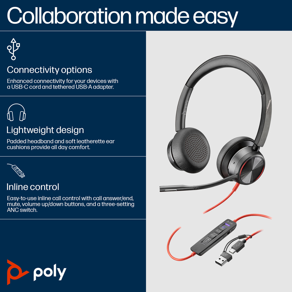 HP Inc. Poly Blackwire 8225 Stereo Microsoft Teams Certified USB-C Headset +USB-C/A Adapter