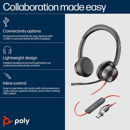 HP Inc. Poly Blackwire 8225 Stereo Microsoft Teams Certified USB-C Headset +USB-C/A Adapter