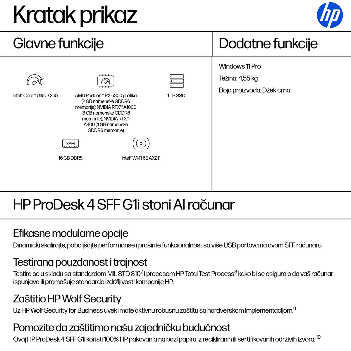 HP Inc. HP ProDesk 4 SFF G1i U7 265 16GB 1TB Win11 3/3/3