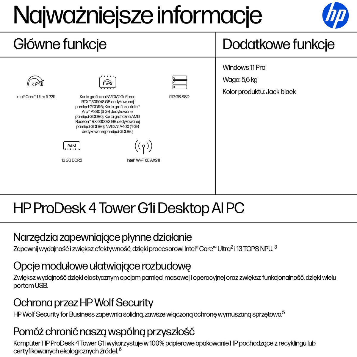 HP Inc. HP ProDesk 4 TWR G1i U5 225 16GB 512 Win11P 3/3/3