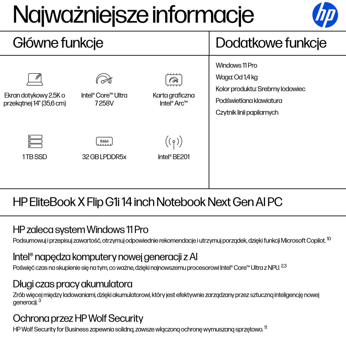 HP Inc. HP EliteBook X G1i Flip 14 AG 2.5K WLED+LBL UWVA 400 ISP 120Hz Touch AI U7 258V 32GB 1TB Win11P 3/3/3 WWAN Silver Alu