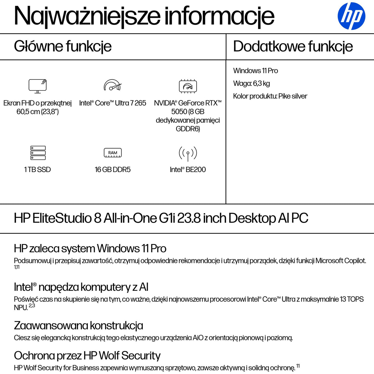 HP Inc. HP EliteStudio 8 AiO G1i 23.8 FHD IPS AG 250n U7 265 16GB 1TB Win11P 3/3/3
