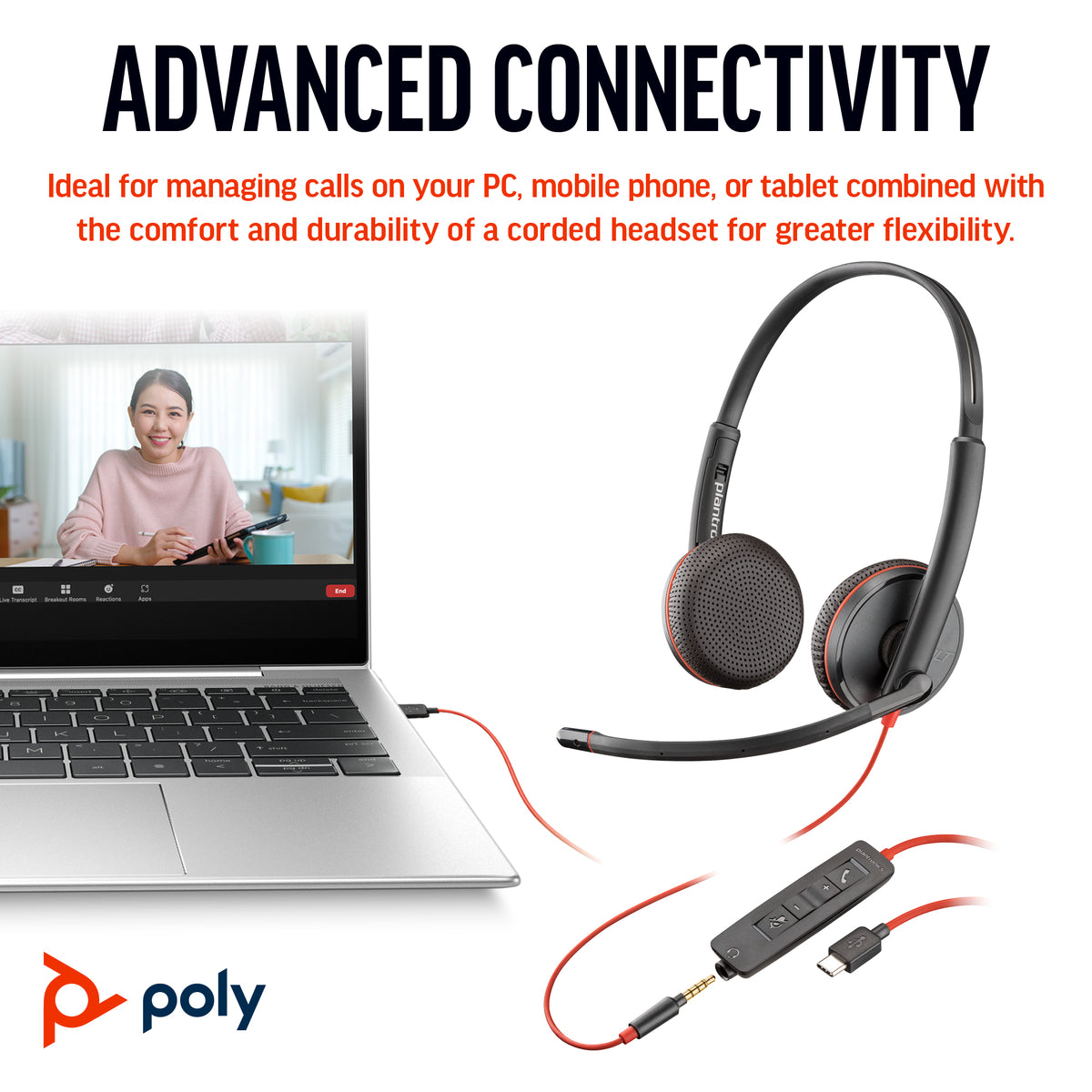 HP Inc. Poly Blackwire 3225 Stereo USB-C Headset +3.5mm Plug +USB-C/A Adapter (Bulk)