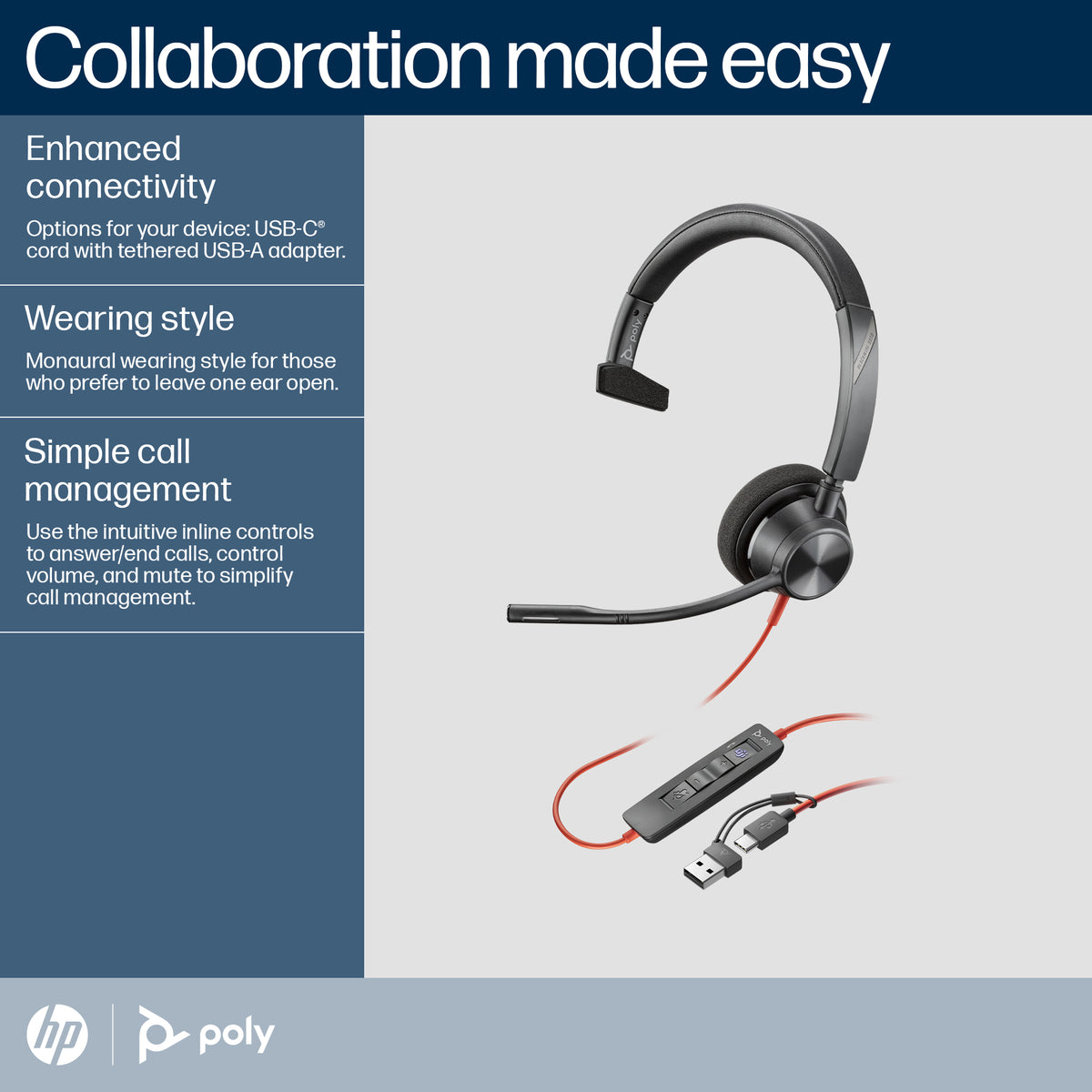 HP Inc. Poly Blackwire 3310 Monaural Microsoft Teams Certified USB-C Headset +USB-C/A Adapter