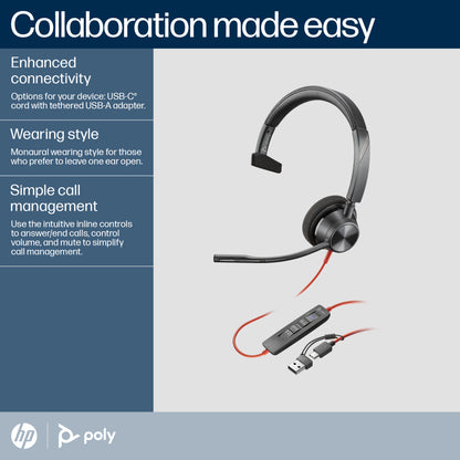HP Inc. Poly Blackwire 3310 Monaural Microsoft Teams Certified USB-C Headset +USB-C/A Adapter