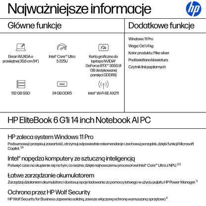 HP Inc. HP EliteBook 6 G1i 14 WUXGA W+LBL UWVA 400 5MP IR 60Hz U5 225U 24GB 512GB Win11P 3/3/3