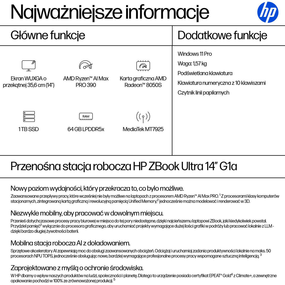 HP Inc. HP ZBook Ultra 14 G1a WUXGA IPS AG 400n Ryzen AI MAX Pro 390 (50TOPS) 64GB 1T AMD Radeon 8050S Win11P 3/3/3