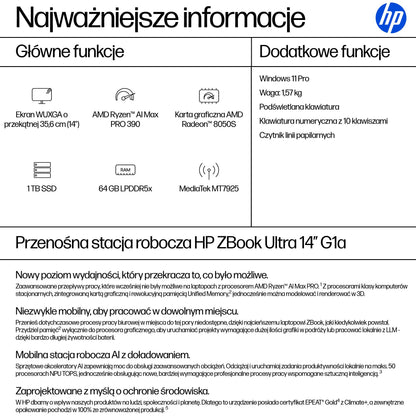 HP Inc. HP ZBook Ultra 14 G1a WUXGA IPS AG 400n Ryzen AI MAX Pro 390 (50TOPS) 64GB 1T AMD Radeon 8050S Win11P 3/3/3