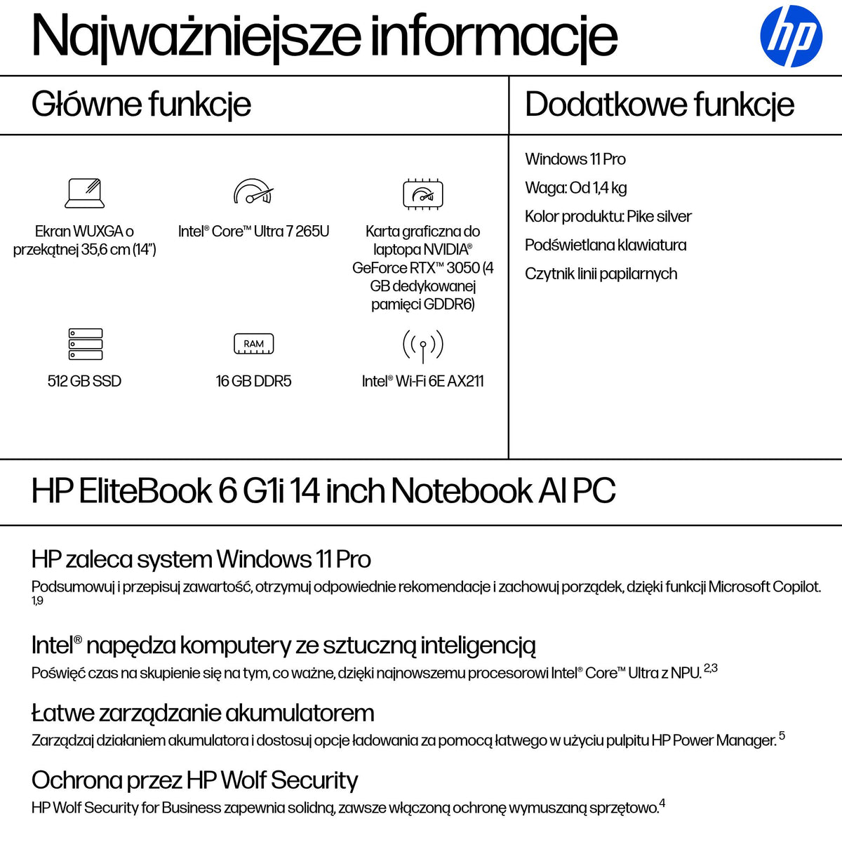 HP Inc. HP EliteBook 6 G1i 14 WUXGA W+LBL UWVA 400 5MP IR 60Hz bnt U7 265U 16GB 512GB Win11P 3/3/3