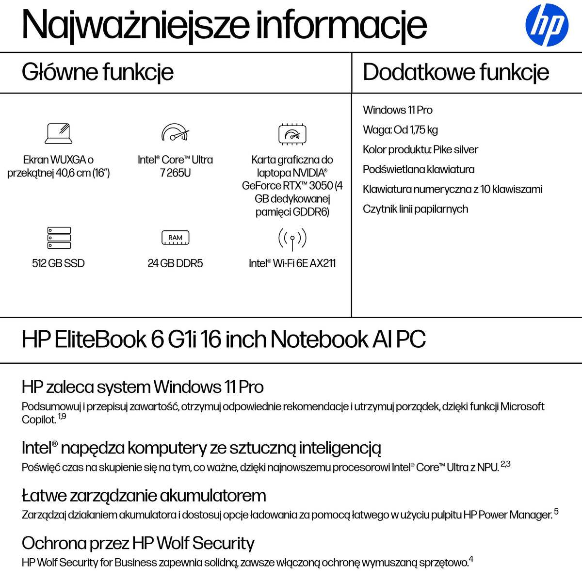 HP Inc. HP EliteBook 6 G1i 16 WUXGA UWVA 300 5MP IR 60Hz U7 265U 24GB 512GB Win11P 3/3/3