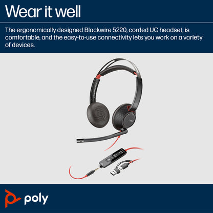 HP Inc. Poly Blackwire 5220 Stereo USB-C Headset +3.5mm Plug +USB-C/A Adapter