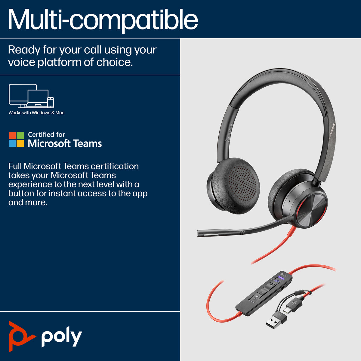 HP Inc. Poly Blackwire 8225 Stereo Microsoft Teams Certified USB-C Headset +USB-C/A Adapter