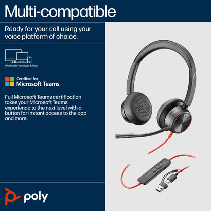 HP Inc. Poly Blackwire 8225 Stereo Microsoft Teams Certified USB-C Headset +USB-C/A Adapter