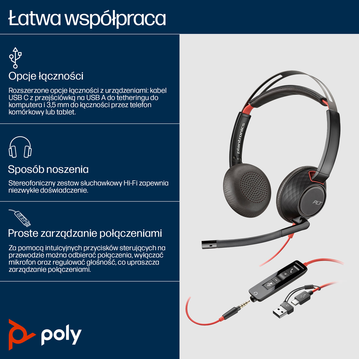 HP Inc. Poly Blackwire 5220 Stereo USB-C Headset +3.5mm Plug +USB-C/A Adapter