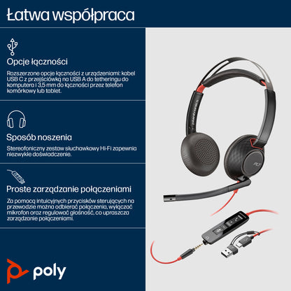 HP Inc. Poly Blackwire 5220 Stereo USB-C Headset +3.5mm Plug +USB-C/A Adapter