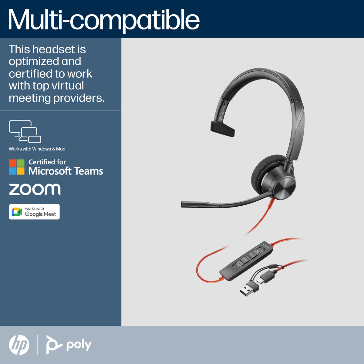 HP Inc. Poly Blackwire 3310 Monaural Microsoft Teams Certified USB-C Headset +USB-C/A Adapter