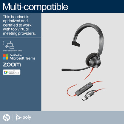 HP Inc. Poly Blackwire 3310 Monaural Microsoft Teams Certified USB-C Headset +USB-C/A Adapter