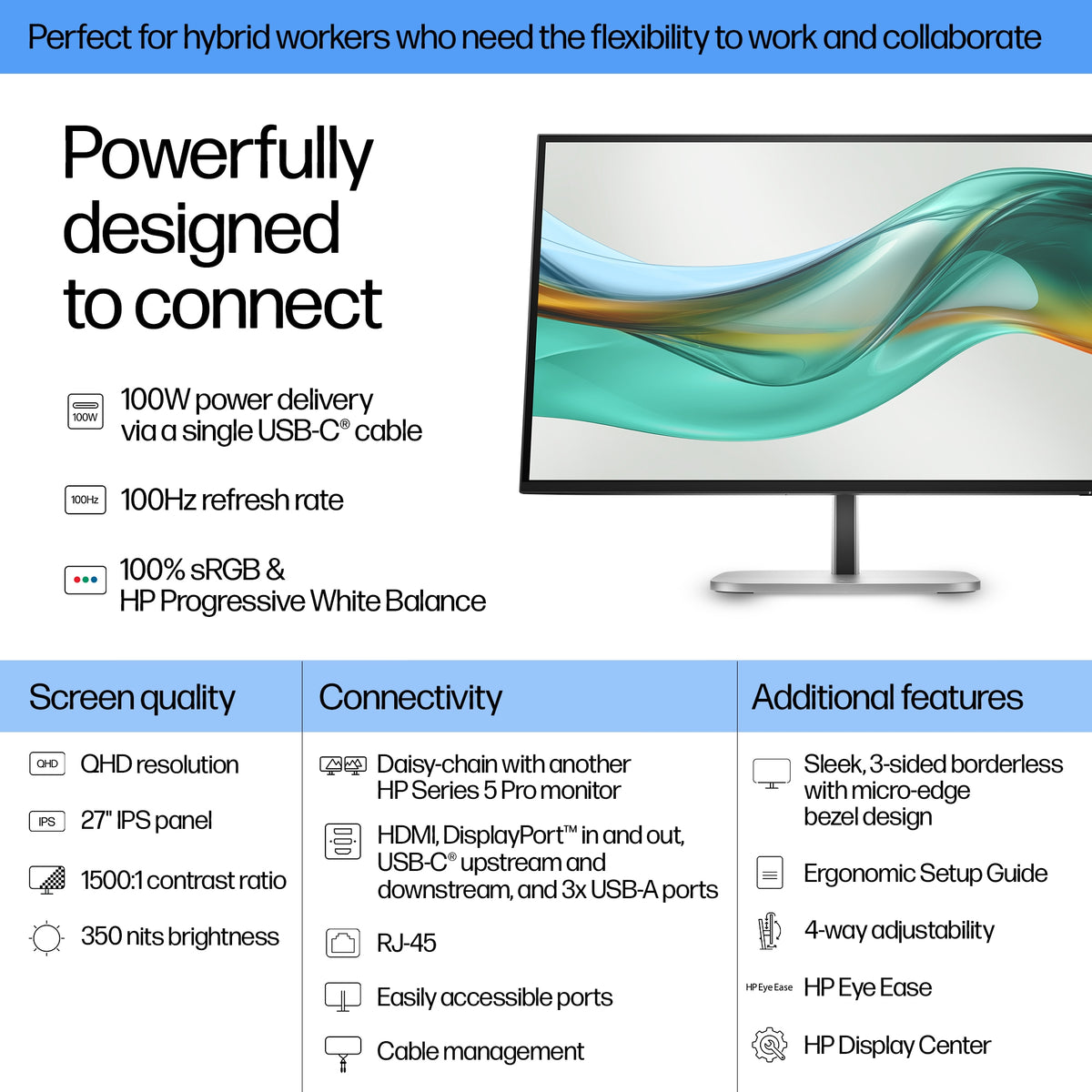 HP Inc. HP S5 Pro 527PU 27 QHD 16:9 2560X1440 IPS 350CD 1500:1 USB-C DP HDMI 3/3/0