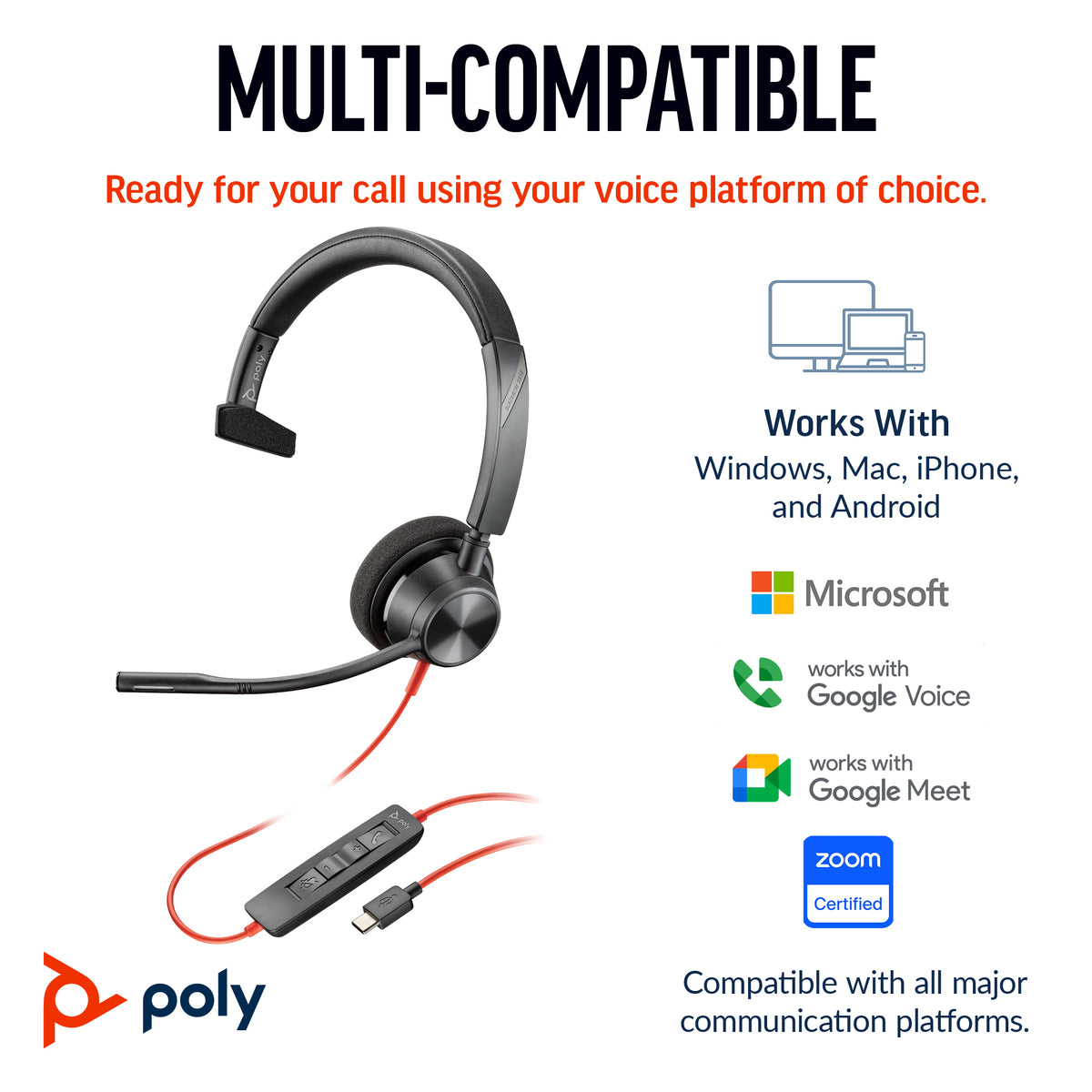 HP Inc. Poly Blackwire 3310 Monaural Microsoft Teams Certified USB-C Headset +USB-C/A Adapter
